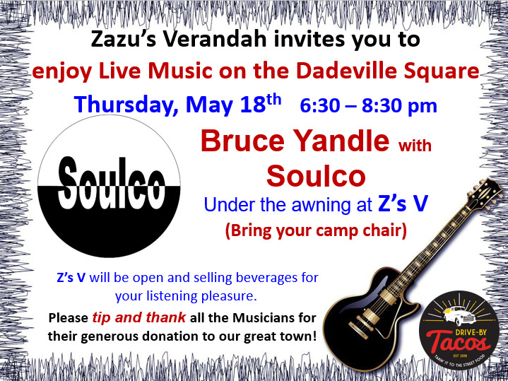 Poster for Bruce Yandle and SoulCo concert at Zazu's Verandah