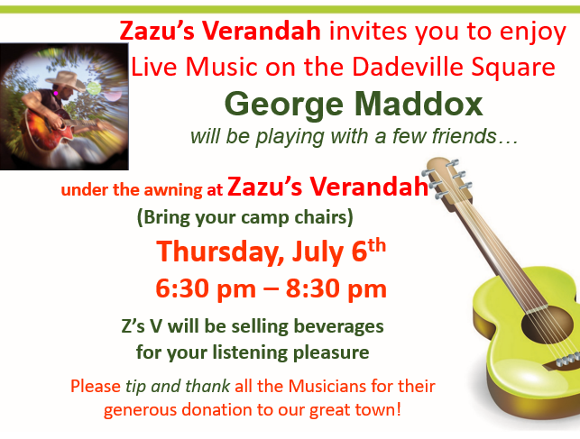 Poster for George Maddox concert at Zazu's Verandah