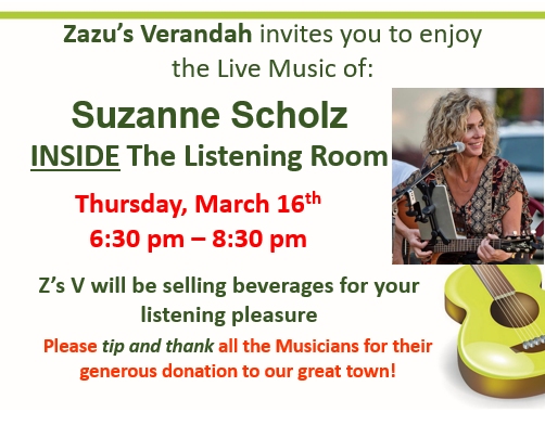 Poster for Suzanne Scholz concert at Zazu's Verandah