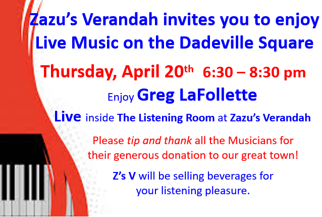 Poster for Greg LaFollette concert at Zazu's Verandah