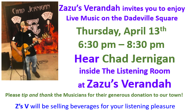 Poster for April 13 show by Chad Jernigan at Zazu's Verandah