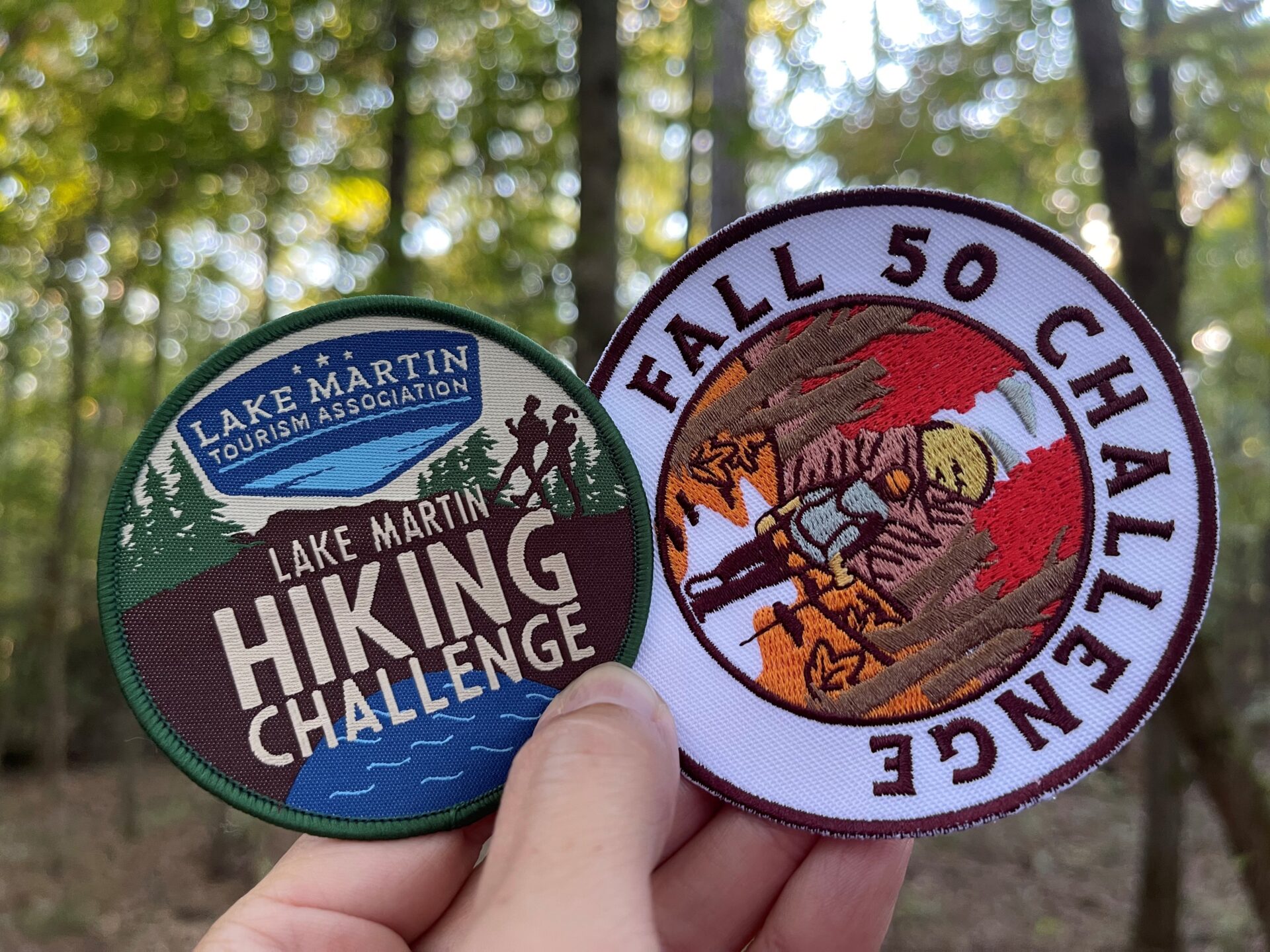 two hiking challenge patches