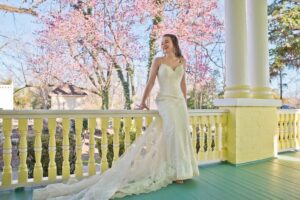 bride on porch