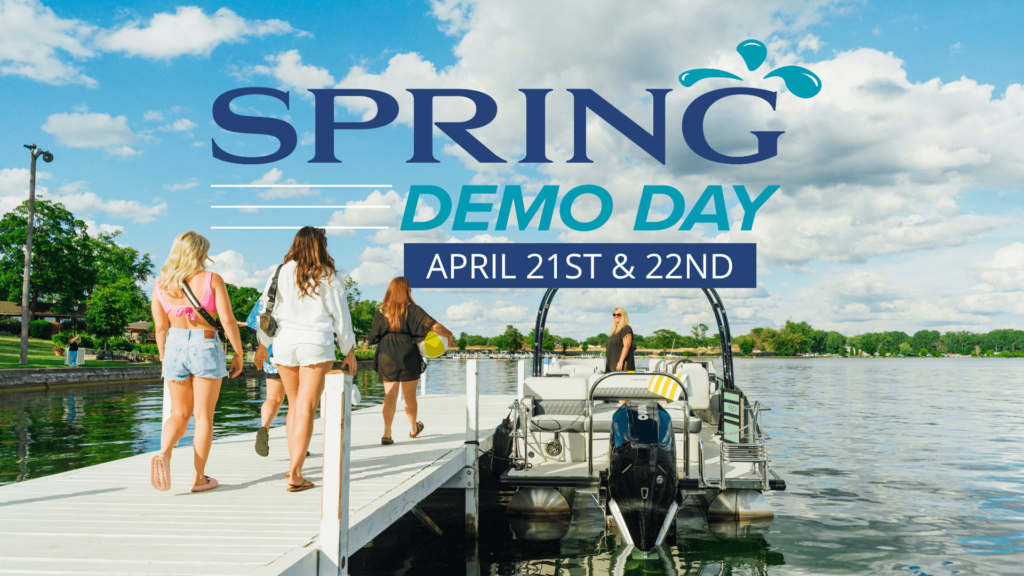 Poster for Spring Demo Day, April 21st and 22nd 2023, showing people walking down a dock