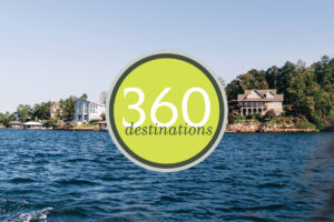 Logo for 360 Destinations, with shoreline visible in the background