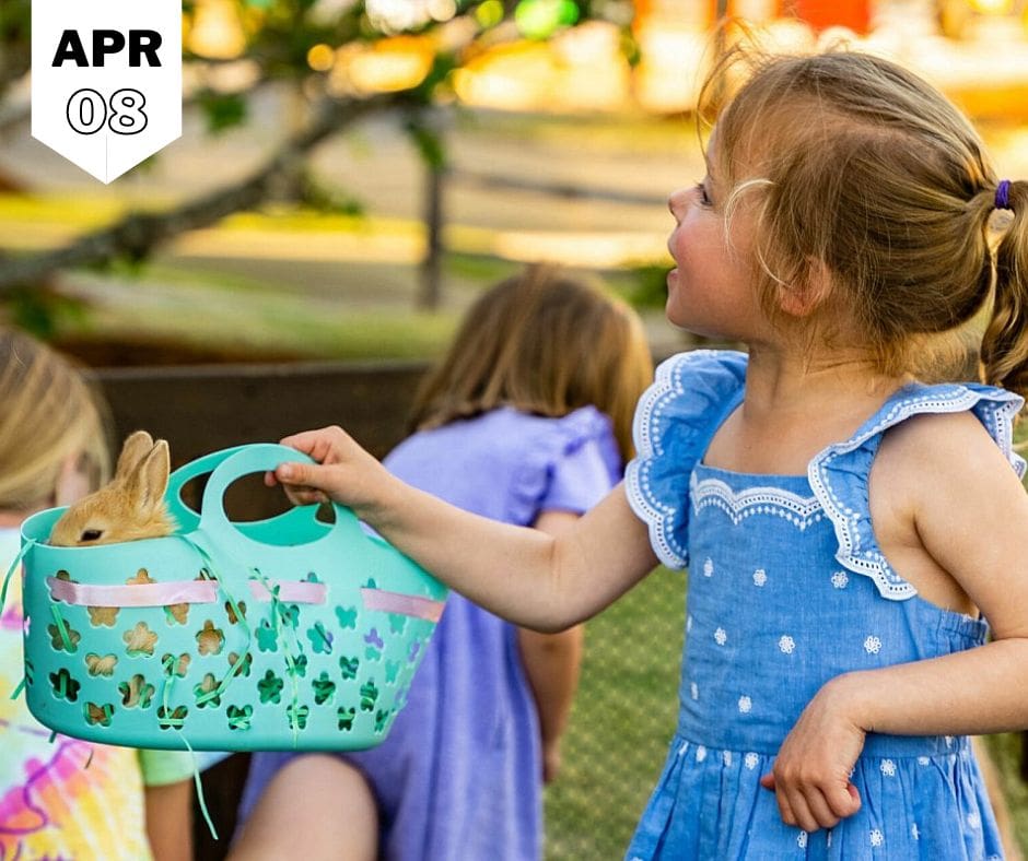 A girl holding a basket with rabbit inside it