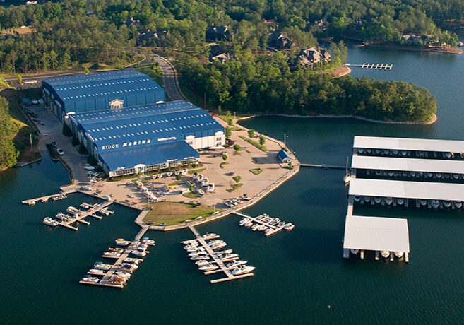 Aerial view of a marina in summertime