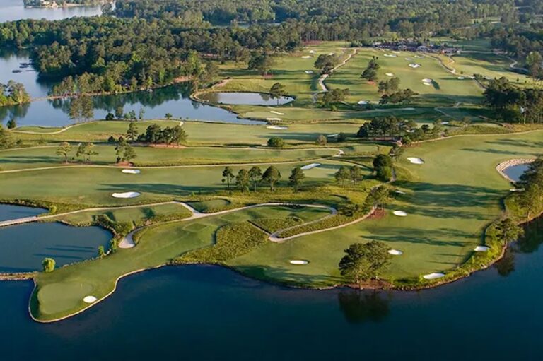 Aerial view of golf course on waterfront