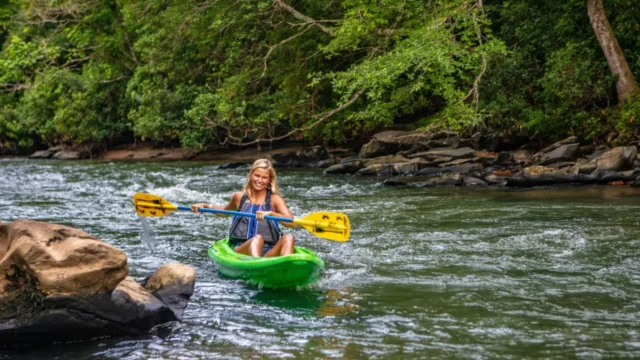 A woman in a kayak approaches the shore